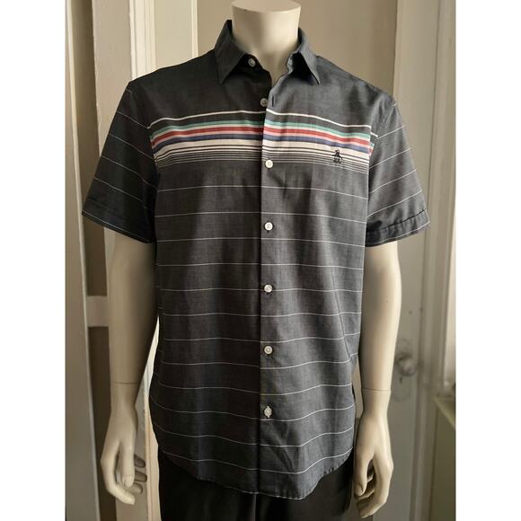 PENGUIN Gray w/Multicolored Stripes Button Down Shirt sz L - Picture 2 of 13